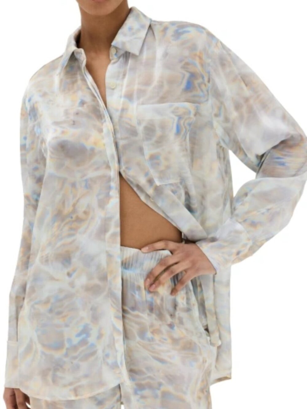 NWT SIMKHAI Women's Jolene Printed Button Down Shirt, Mother of Pearl Size XS